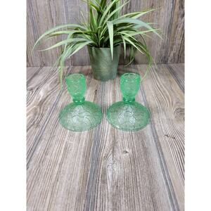 2 Vintage Green Imperial Crackle Candleholders, Uranium Glass